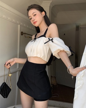 Short mixed colors summer puff sleeve bow halter tops