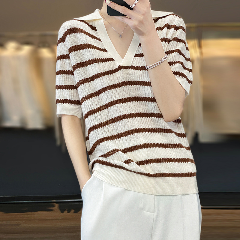 Knitted stripe short sleeve hollow T-shirt for women