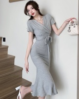 Sexy pinched waist simple mermaid long cross V-neck dress
