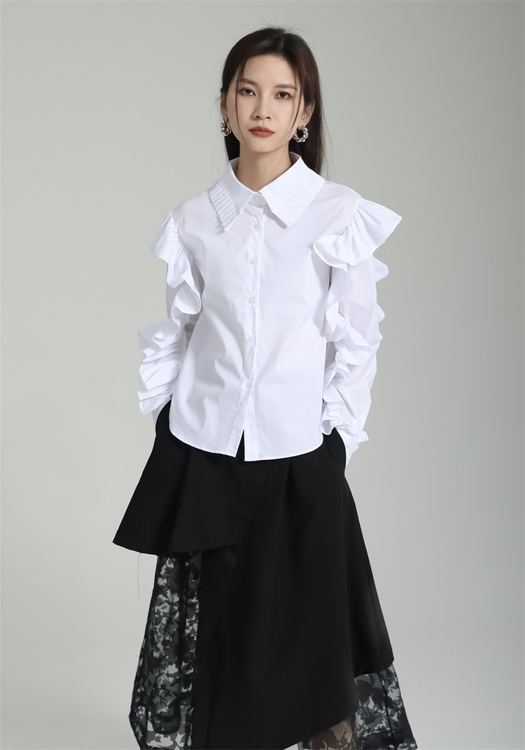 Lace lapel lotus sleeve crimp white elegant summer shirt