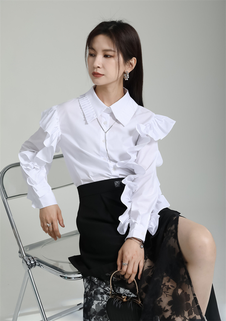 Lace lapel lotus sleeve crimp white elegant summer shirt