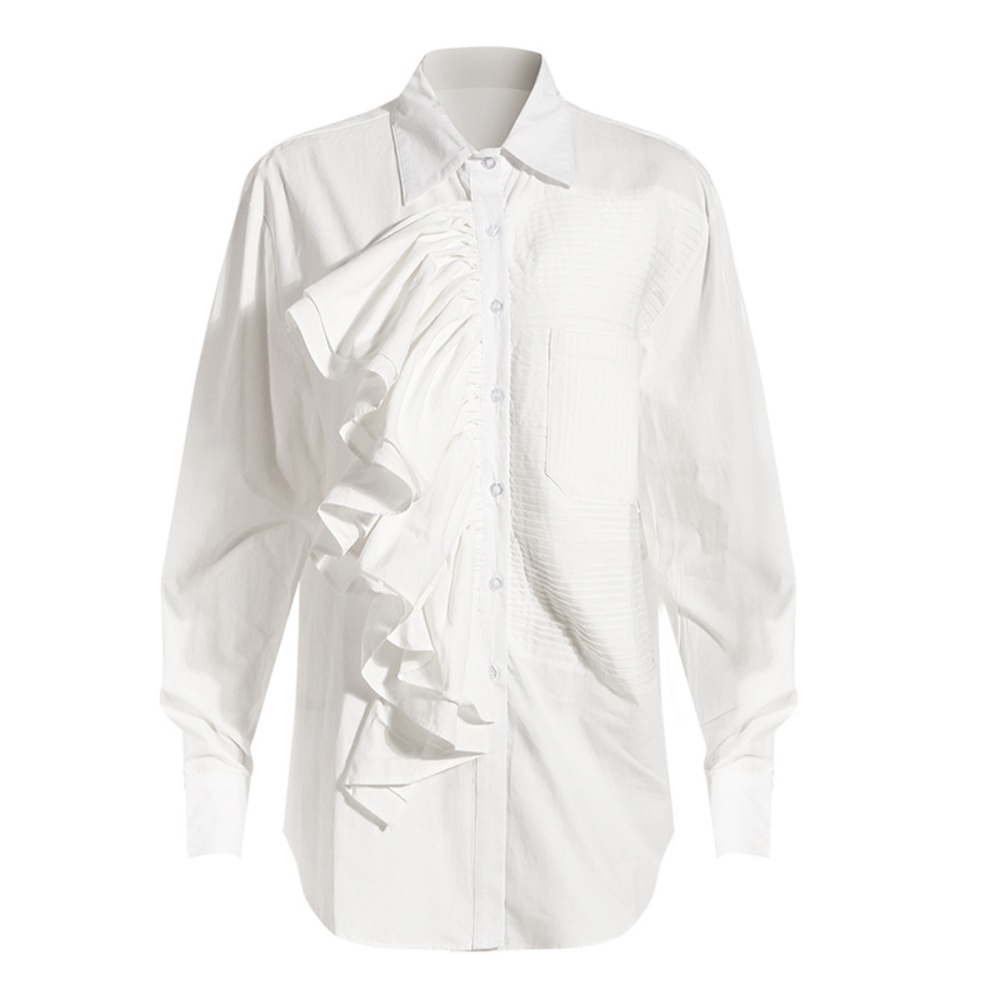 Lotus leaf pleated slim white shirt for women