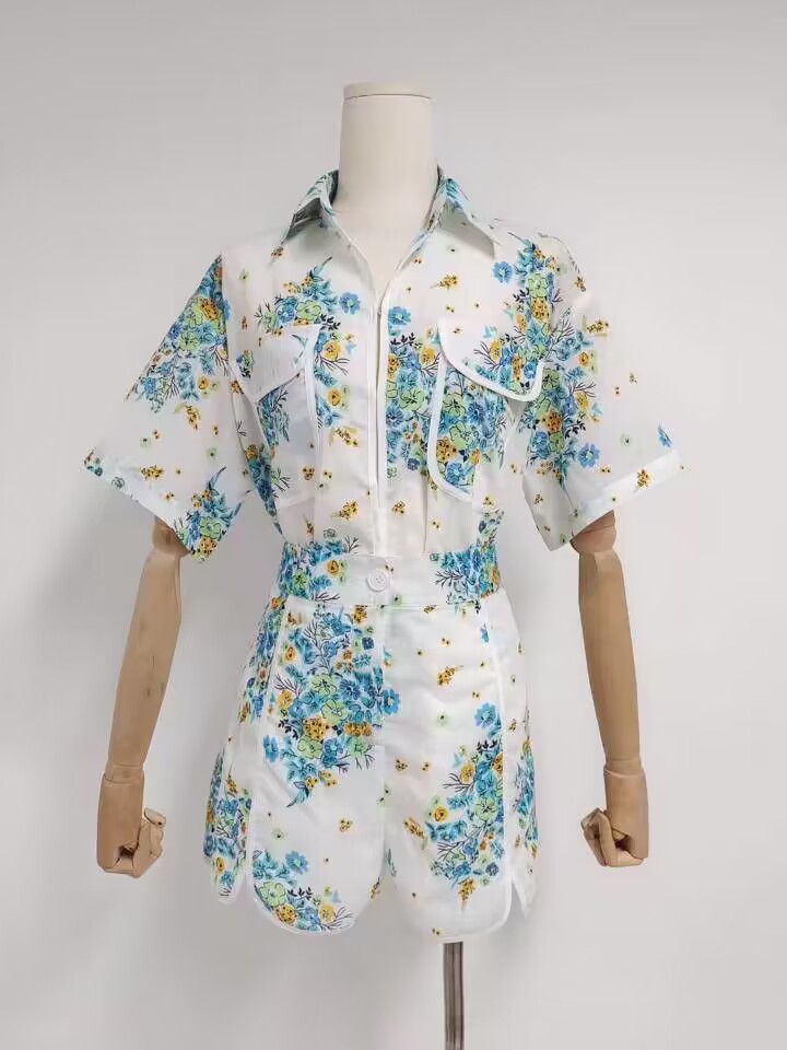 Casual summer lapel shirt seaside vacation shorts 2pcs set
