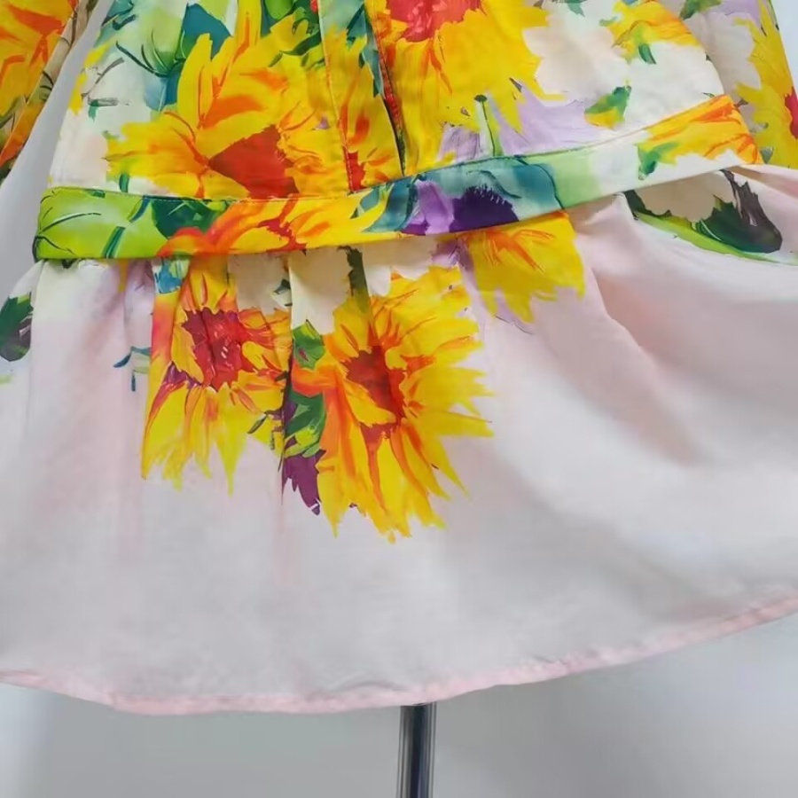 Summer pinched waist dress lantern sleeve printing T-back