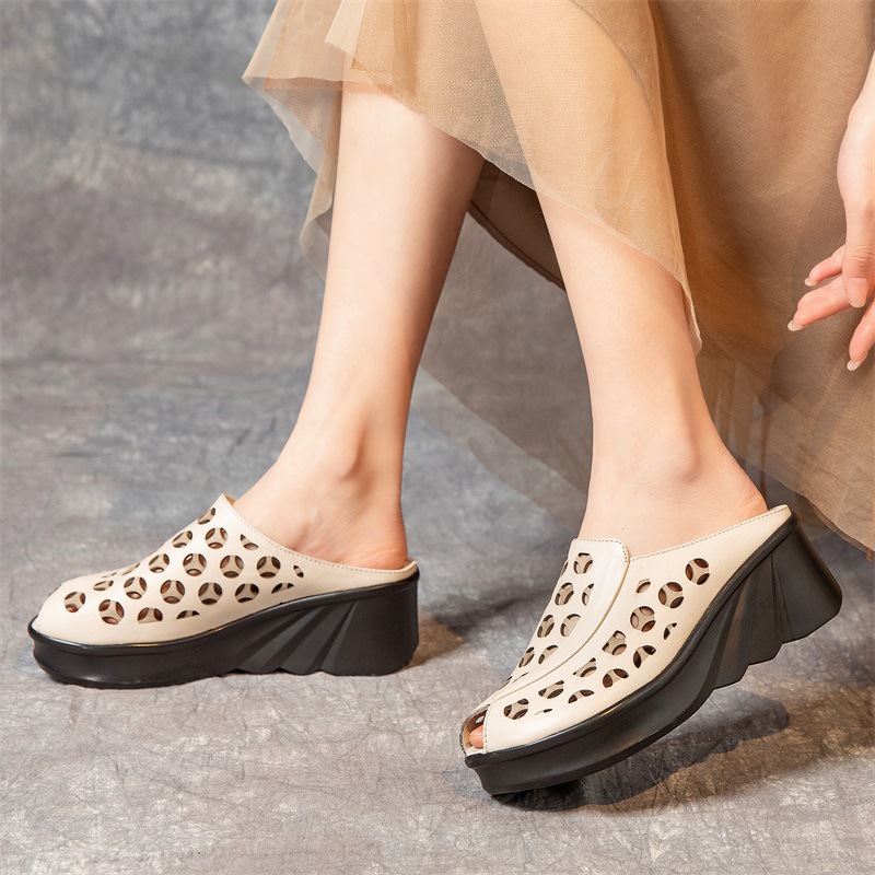 Retro national style genuine leather slippers for women