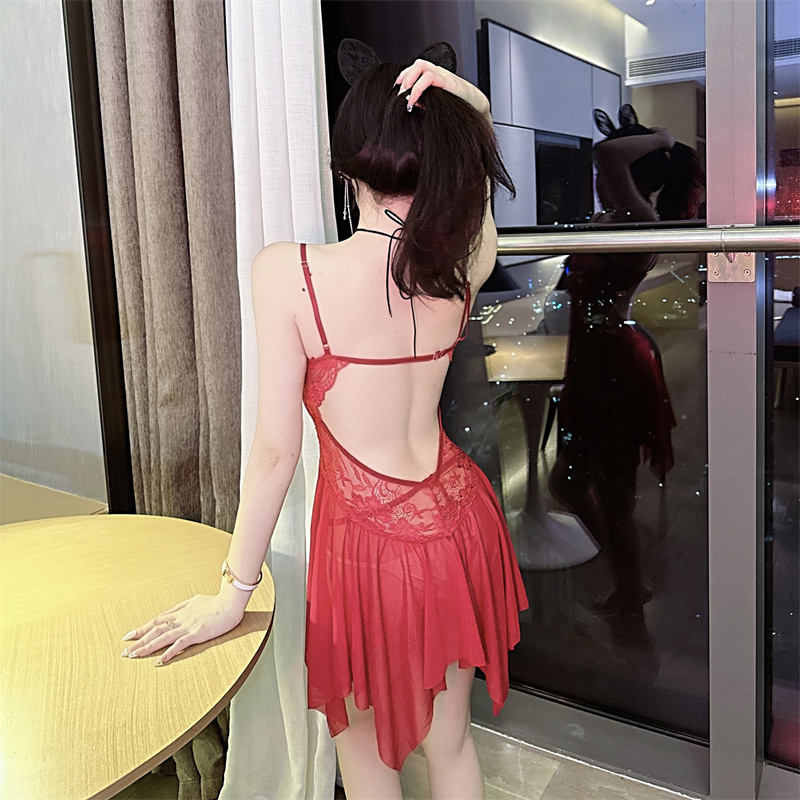 Hollow perspective pajamas red sexy strap dress a set