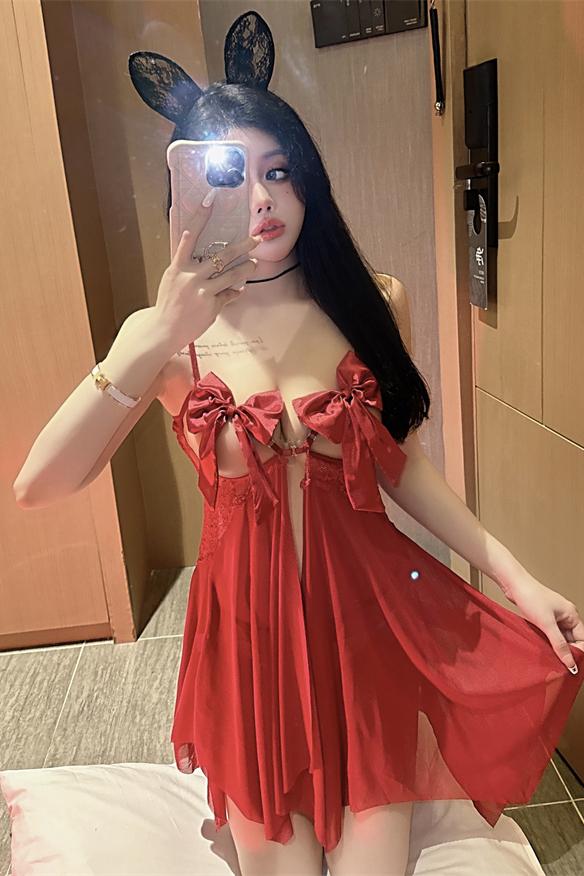 Hollow perspective pajamas red sexy strap dress a set