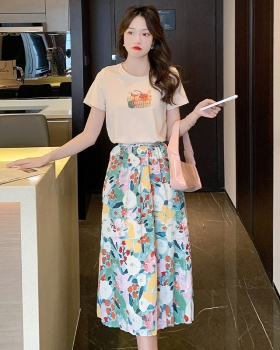 Summer chiffon T-shirt printing skirt 2pcs set for women
