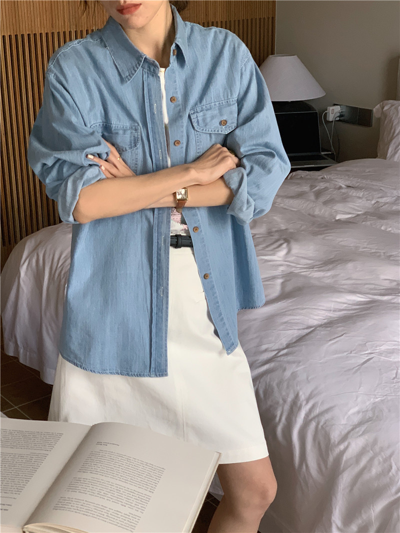 Denim double pocket long sleeve Korean style shirt