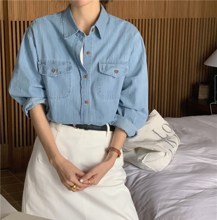 Denim double pocket long sleeve Korean style shirt