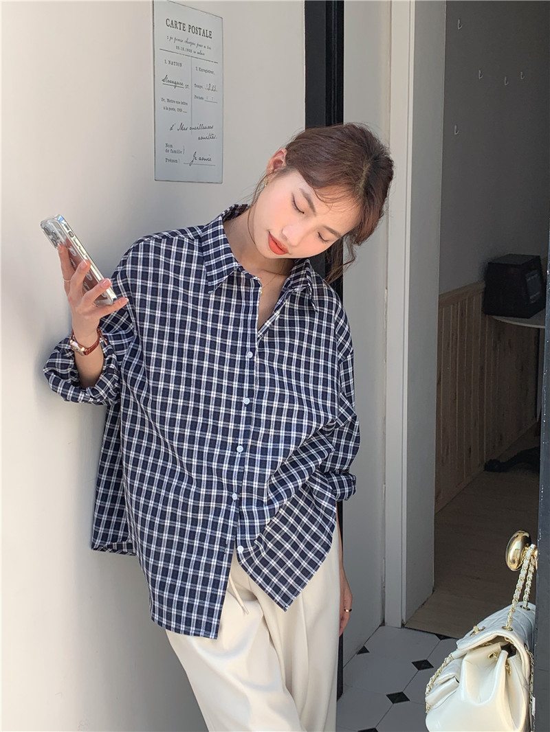 Loose long sleeve plaid Korean style all-match simple shirt