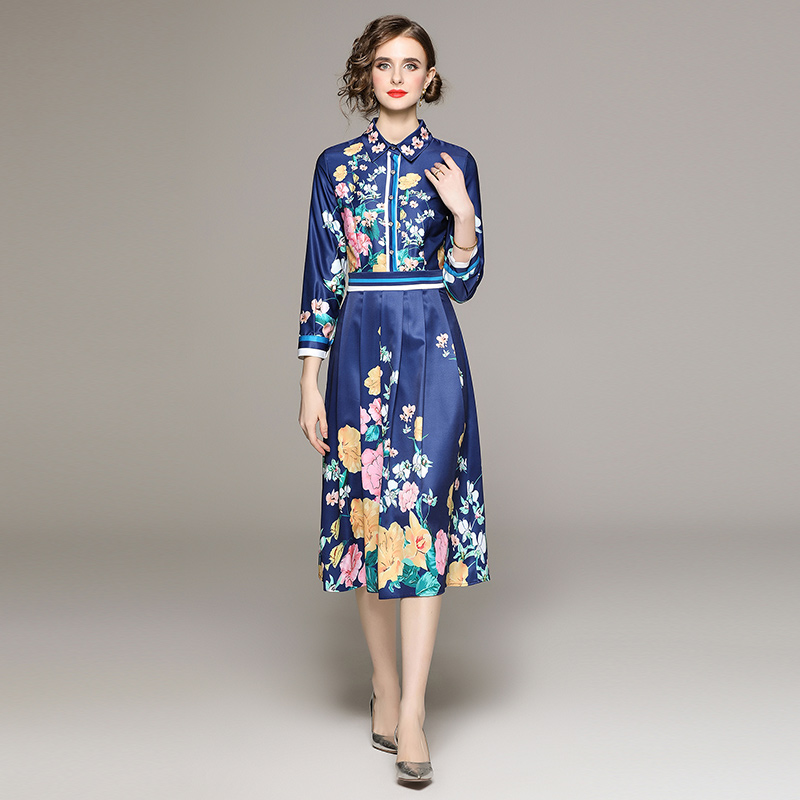 Spring all-match fashion printing slim dress 2pcs set