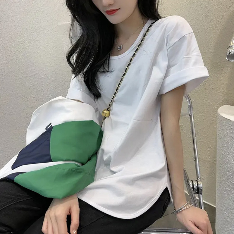 Loose inside the ride long white pure T-shirt for women