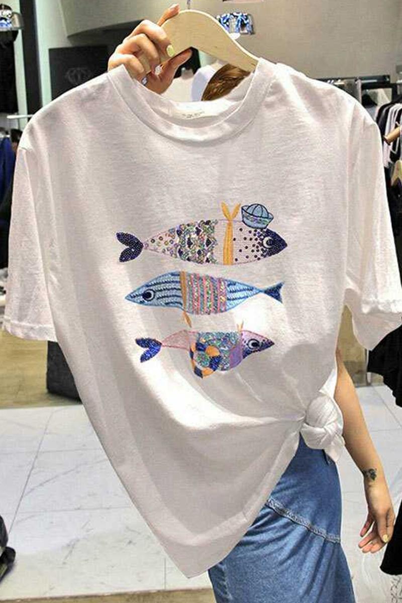 Sequins summer pure cotton goldfish T-shirt for women