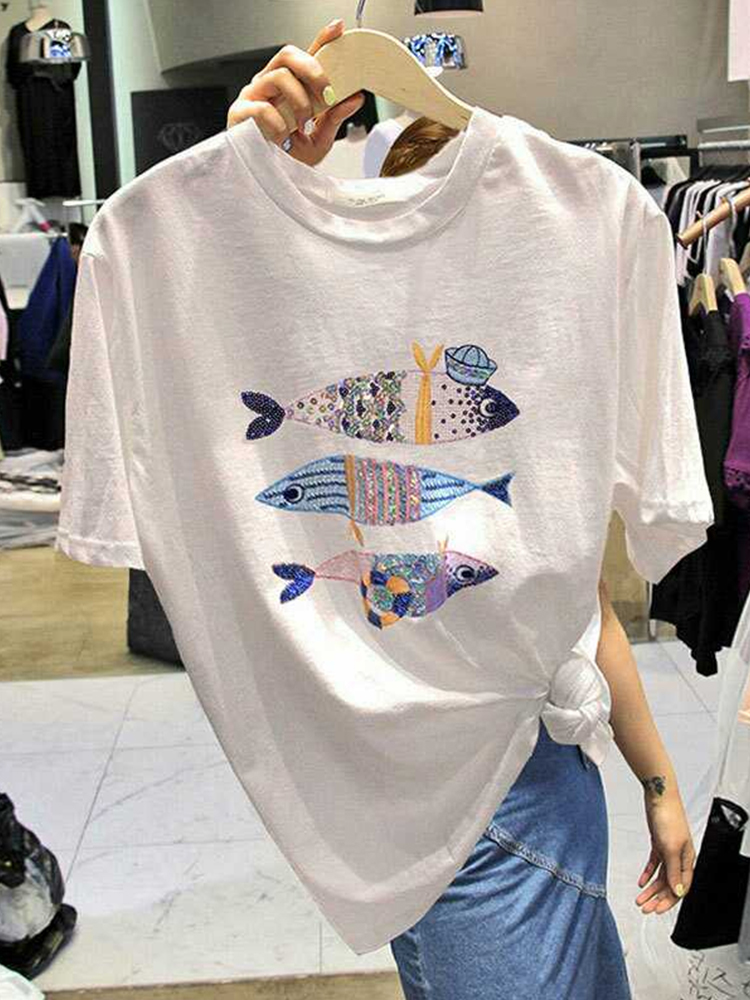 Sequins summer pure cotton goldfish T-shirt for women
