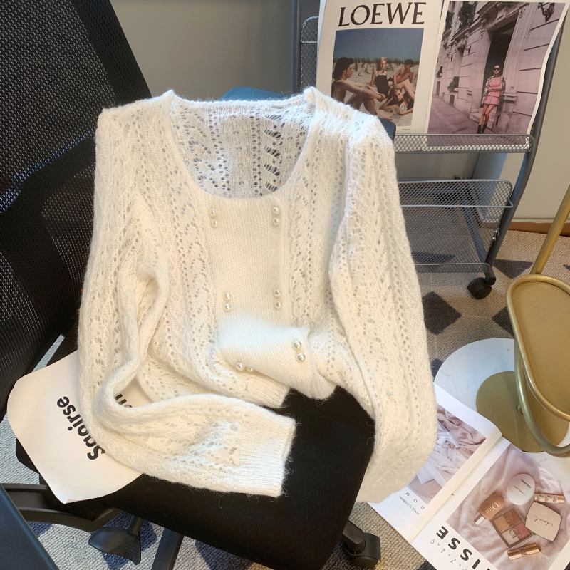 Unique spring hollow square collar sweater for women