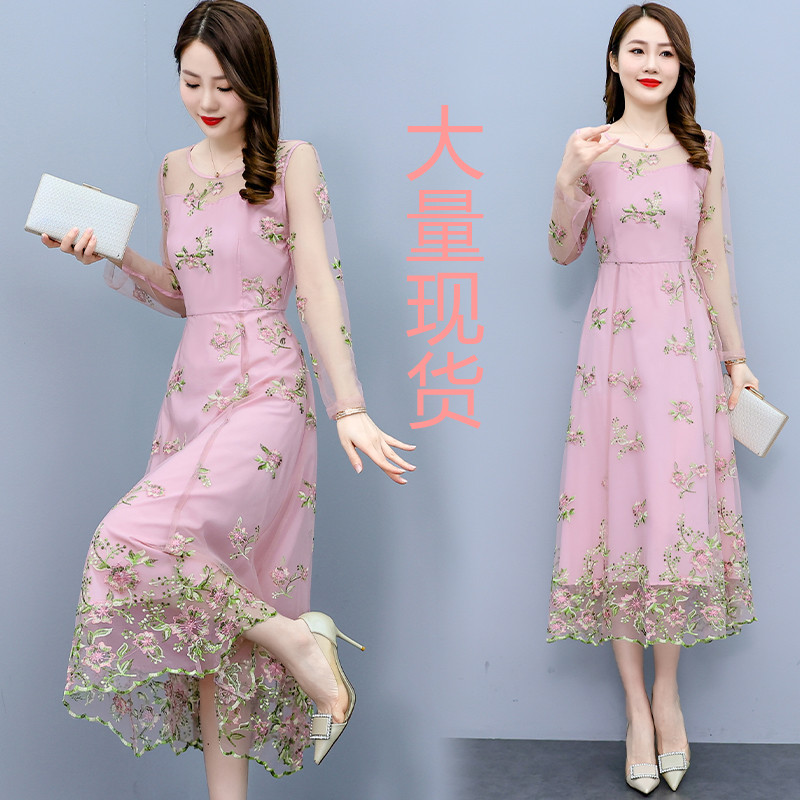 Long embroidery slim spring and summer dress