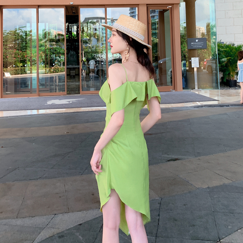 Summer flat shoulder retro green dress for women