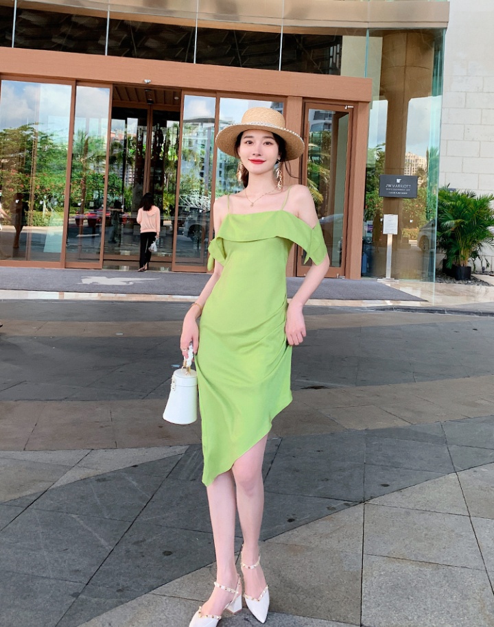 Summer flat shoulder retro green dress for women