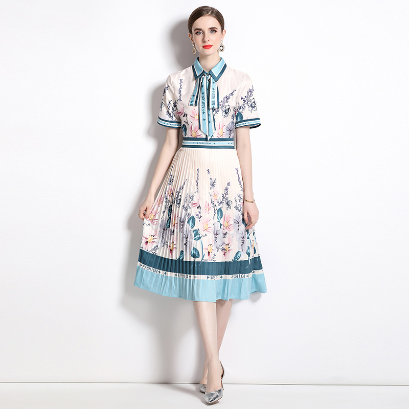Fashion pleated summer elegant with belt printing dress