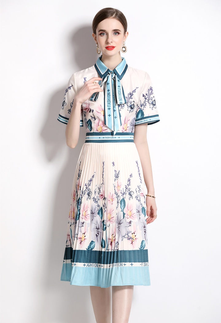 Fashion pleated summer elegant with belt printing dress