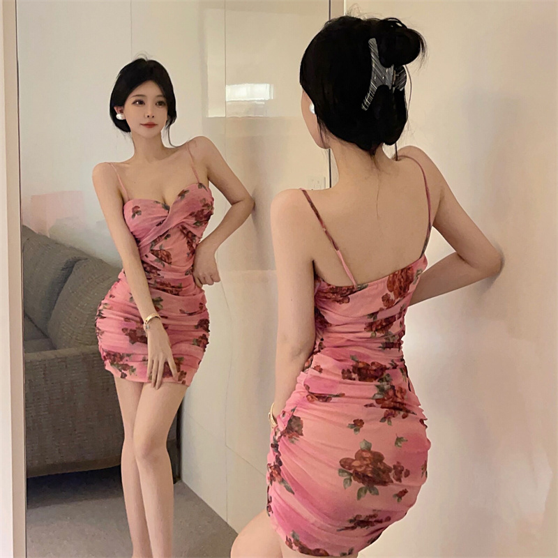Sexy slim printing fold sling dress