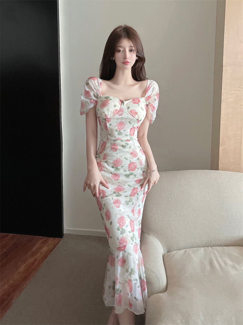 Floral slim flat shoulder sexy temperament dress