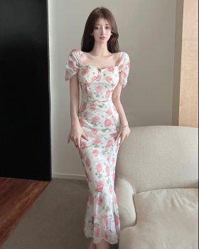 Floral slim flat shoulder sexy temperament dress