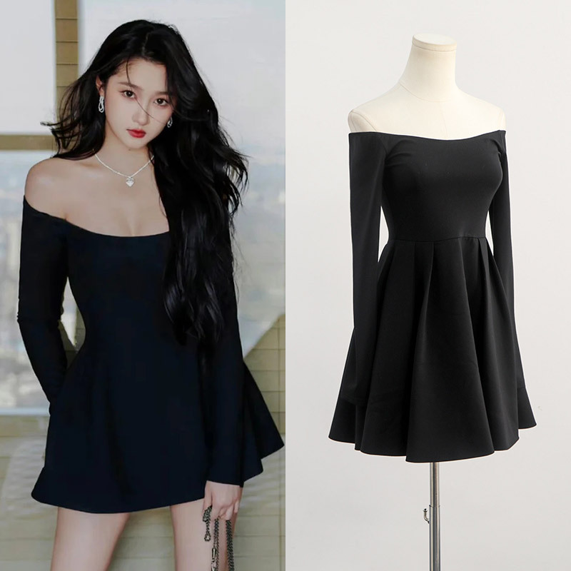 Spring and summer flat shoulder halter slim black dress