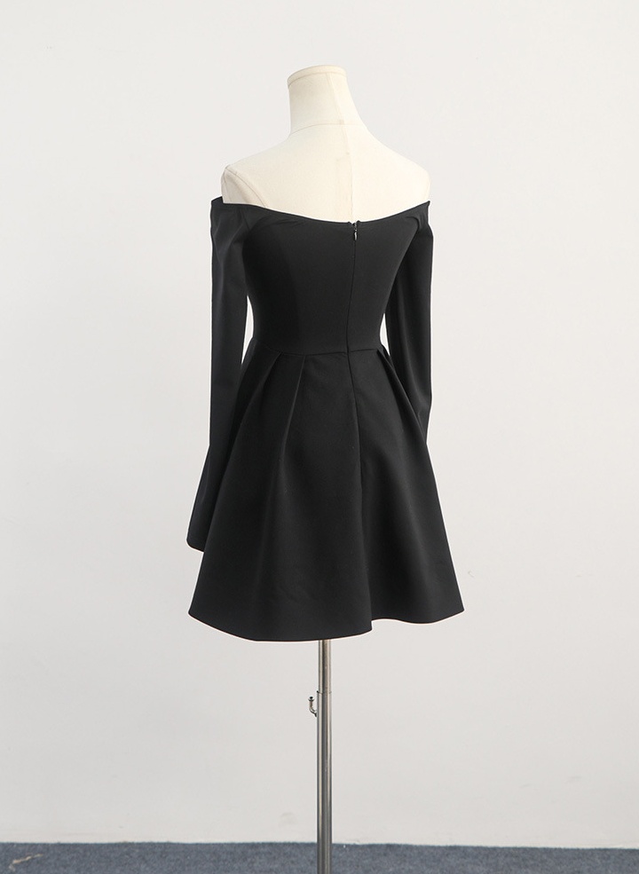 Spring and summer flat shoulder halter slim black dress