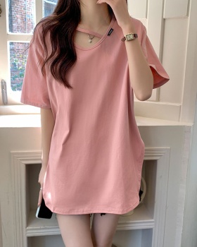 Summer long pink T-shirt U-neck slim pure cotton tops