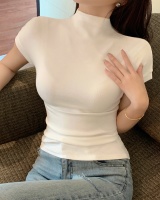Cotton screw thread tops half high collar slim T-shirt