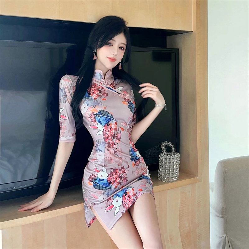 Printing slim pinched waist cheongsam sexy retro dress