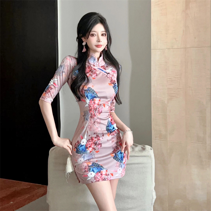 Printing slim pinched waist cheongsam sexy retro dress