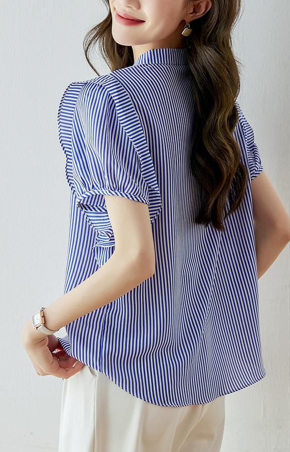 Stripe summer shirt cstand collar tops for women