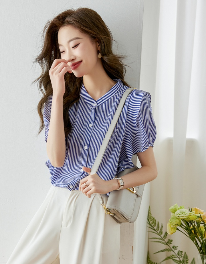 Stripe summer shirt cstand collar tops for women