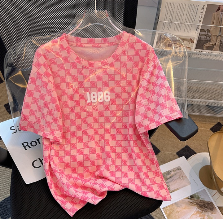 Pink plaid printing T-shirt for women