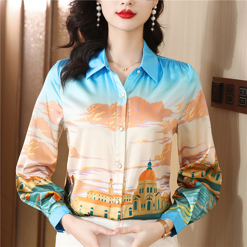 Fashion silk shirt printing tops for women