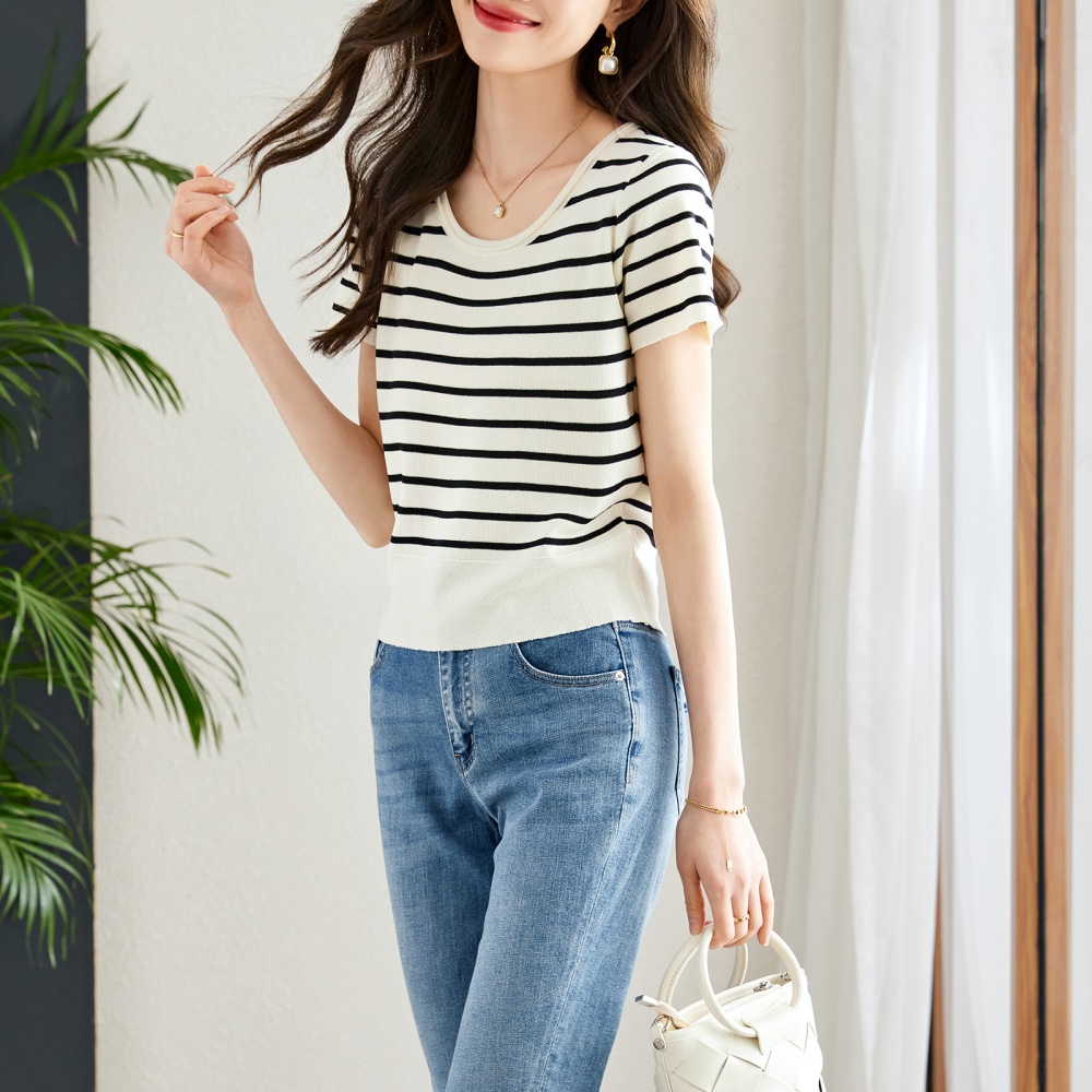 Stripe short sleeve sweater square collar tops for women