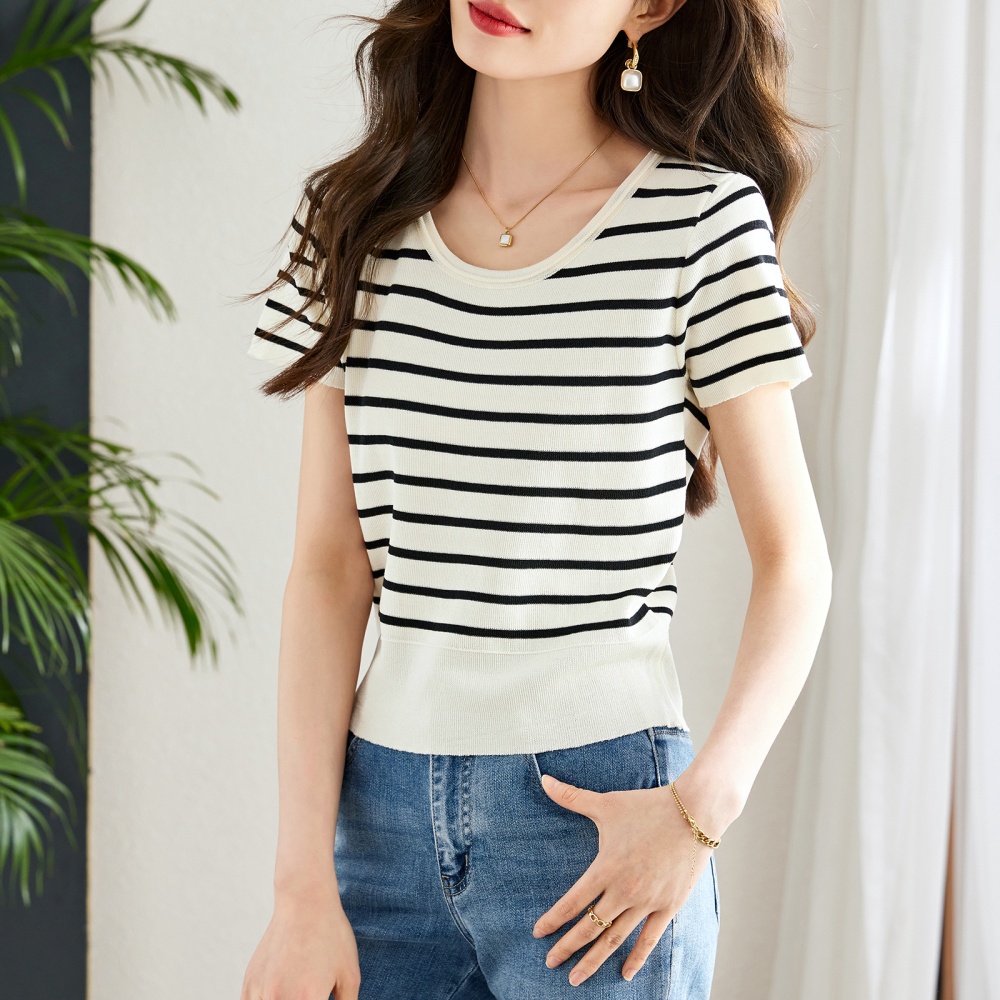 Stripe short sleeve sweater square collar tops for women