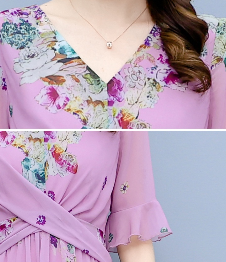 Lotus leaf edges cuff V-neck printing dress for women