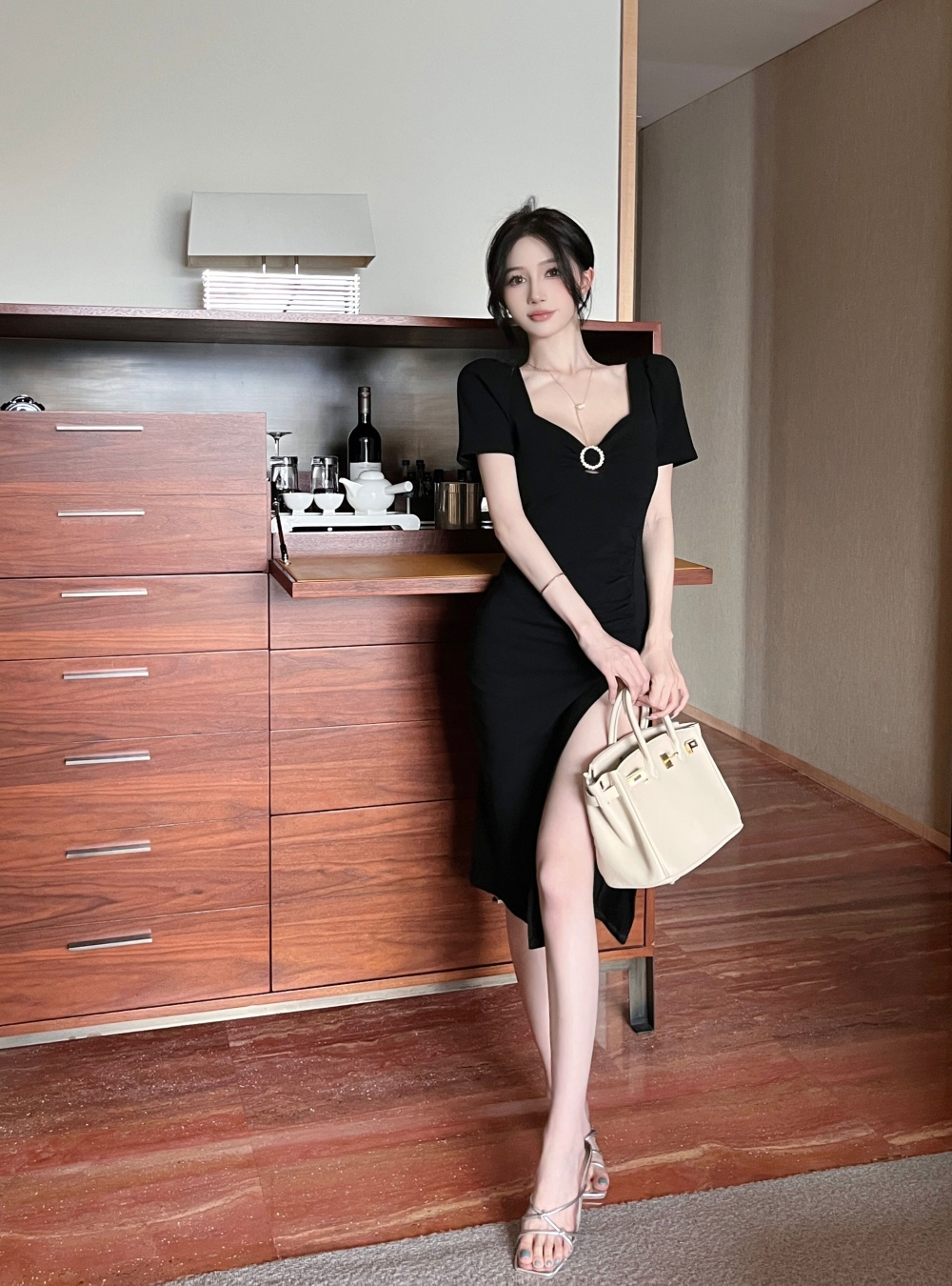 Split square collar long dress France style dress