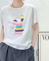 Simple white summer tops round neck grain T-shirt