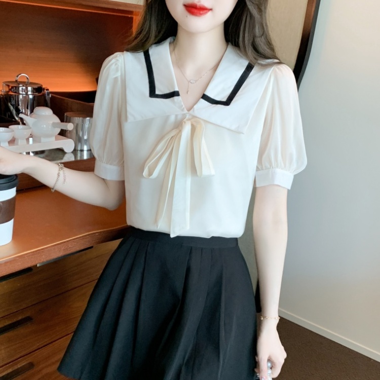 Summer sweet small shirt navy collar bow shirt