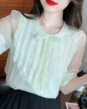 Bow summer chiffon shirt lace short sleeve small shirt