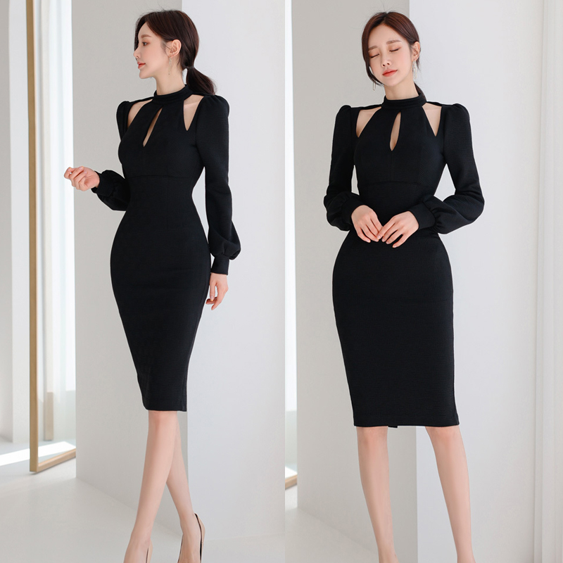 Slim hollow long package cstand collar dress