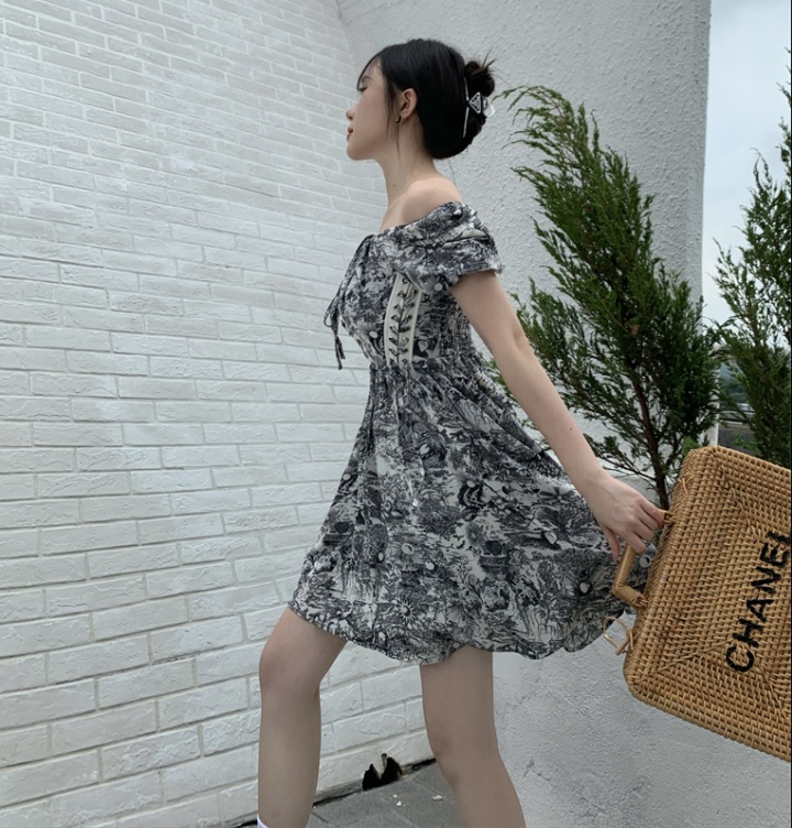 Square collar floral France style tender retro dress