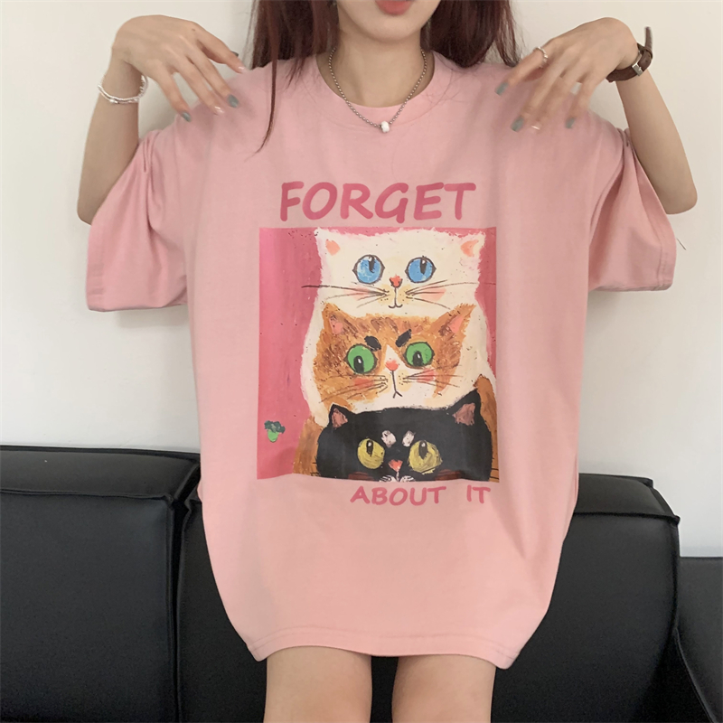 Maiden loose short sleeve printing pink cat T-shirt