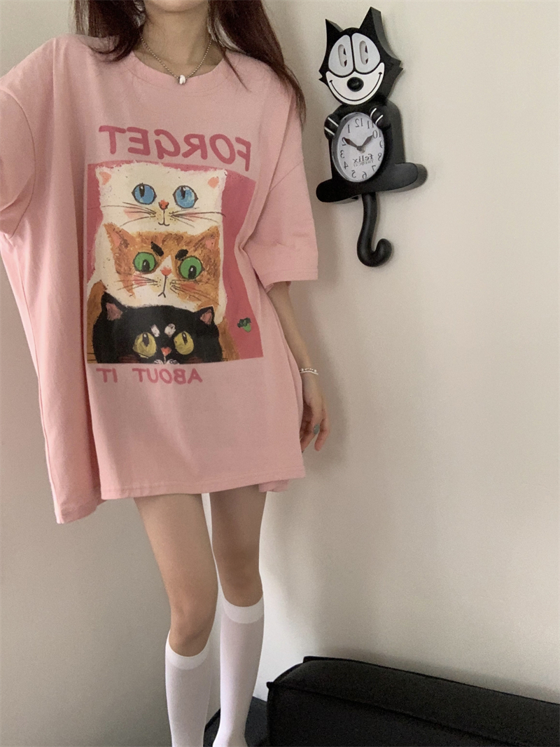 Maiden loose short sleeve printing pink cat T-shirt