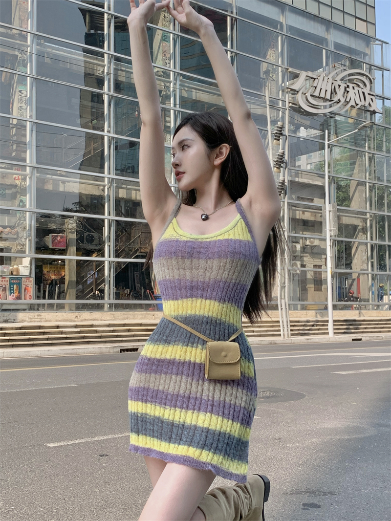 Stripe knitted sling loose summer long dress